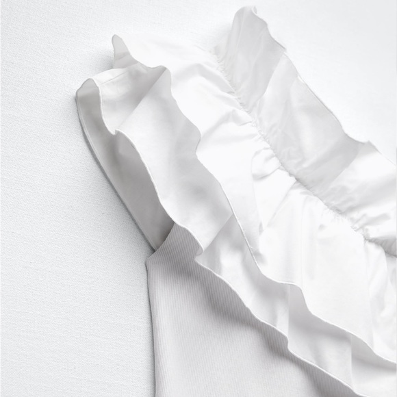 NWT. Zara White Asymmetric Ruffled Bodysuit. Size S, M, L. - Picture 6 of 12